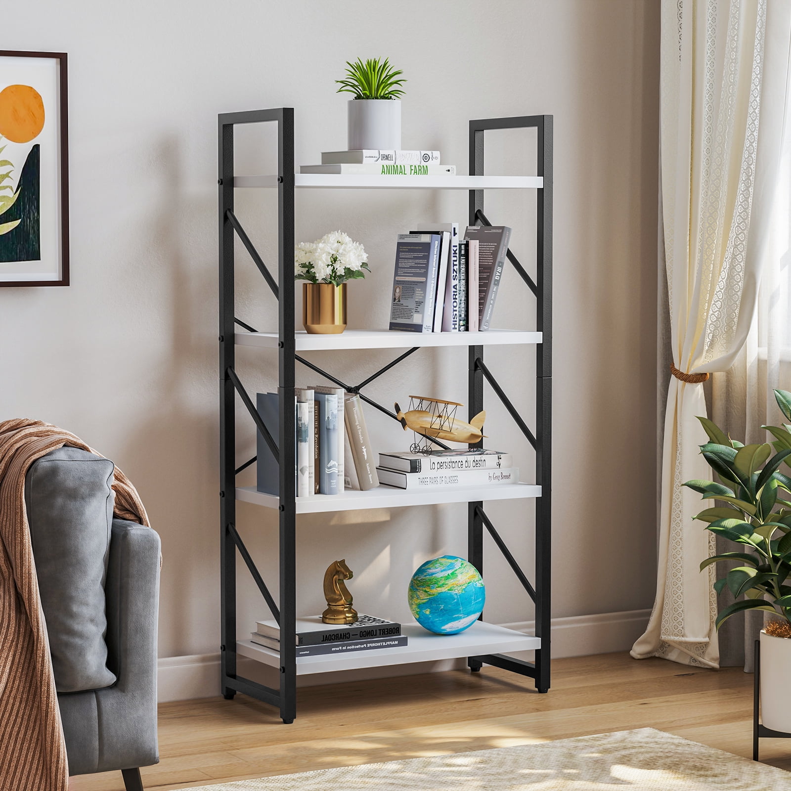 Dextrus 3-Tier Bookshelf, Ladder Bookcase, Industrial Freestanding Modern Open Display Storage Organizer Book Shelves ,Black and White