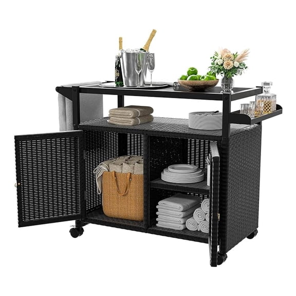 Outdoor Bar Table, Wicker Bar Cart with Cabinet, Patio Serving Cart with Tempered Glass Top, Lockable Wheels, Rounded Handle & Side Basket for Garden, Poolside & Backyard, Black