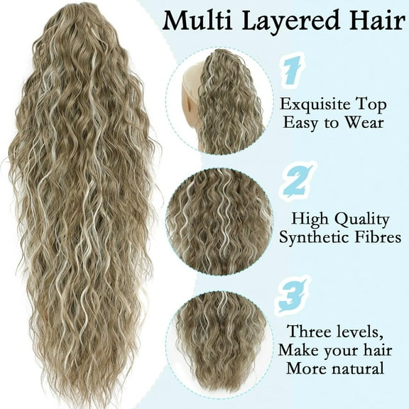 WEIF-Ponytail Extension, Claw Clip on Pony tails Hair Extension for Women 22 Inch Long Wavy Curly Fake Ponytail Clip in Hair Pieces for Women Fluffy Natural Looking (Flax Brown with white Highligh
