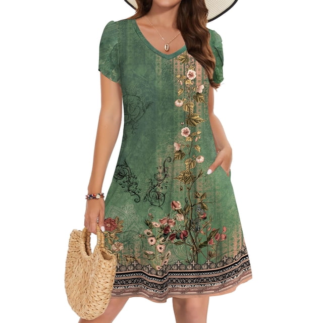 Vestido Zeagoo para mujer, estampado verde bohemio, talla M