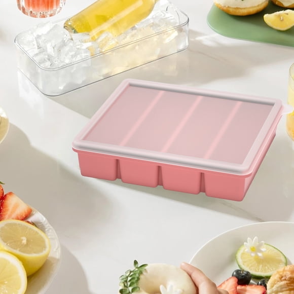 Molde de silicona para cubitos de hielo grandes con tapa, 17,3 x 14,3 x 5 cm, apto para alimentos, bandeja para congelador y refrigerador, 1 unidad, rosa Rkxzt