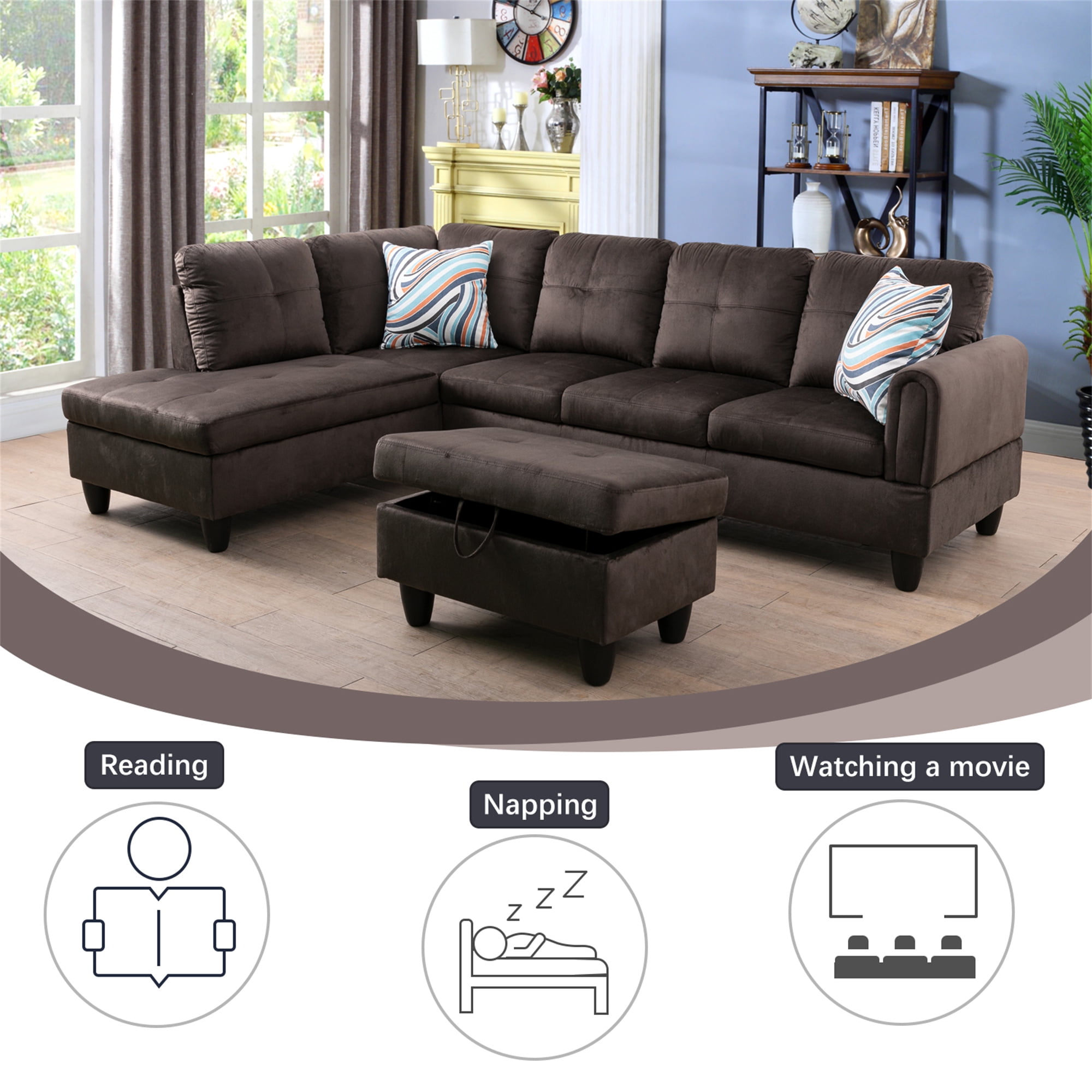 Aukfa Sectional Sofa, Living Room Couch with Storage Ottoman, Left Face Chaise, Flannel, Dark Brown