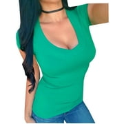 Kaylee_xo Women's Sexy Wide Band V-Neck Short Sleeve Fitted Tee Shirt Top