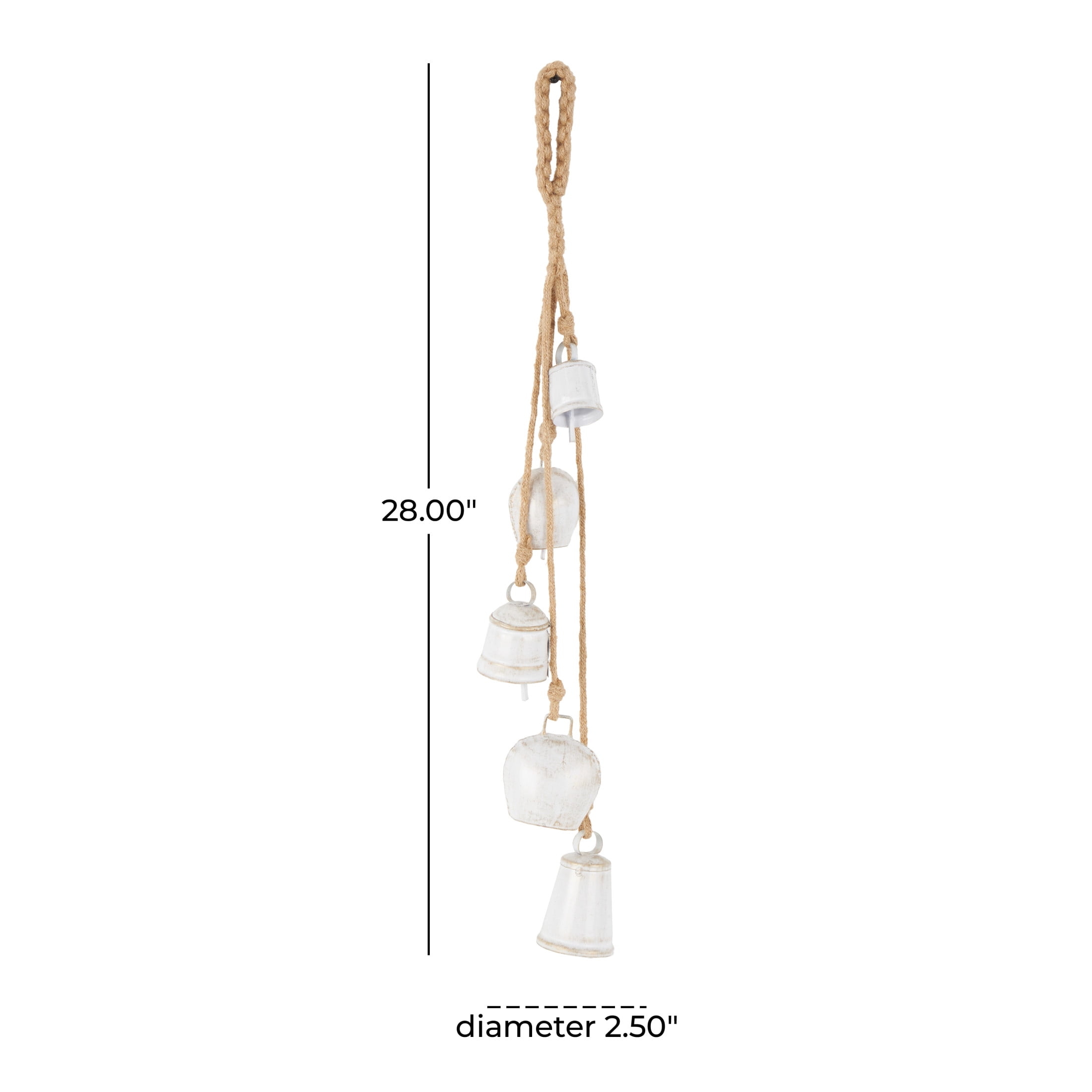 DecMode Tibetan Inspired Cascading White Metal Various Shapes Decorative Bells with 5 Bells on Jute Hanging Rope