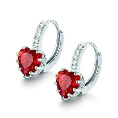 - CLEARANCE - Heart Shaped Cabernet Red Diamond CZ Solitaire Hoop Earrings White Gold