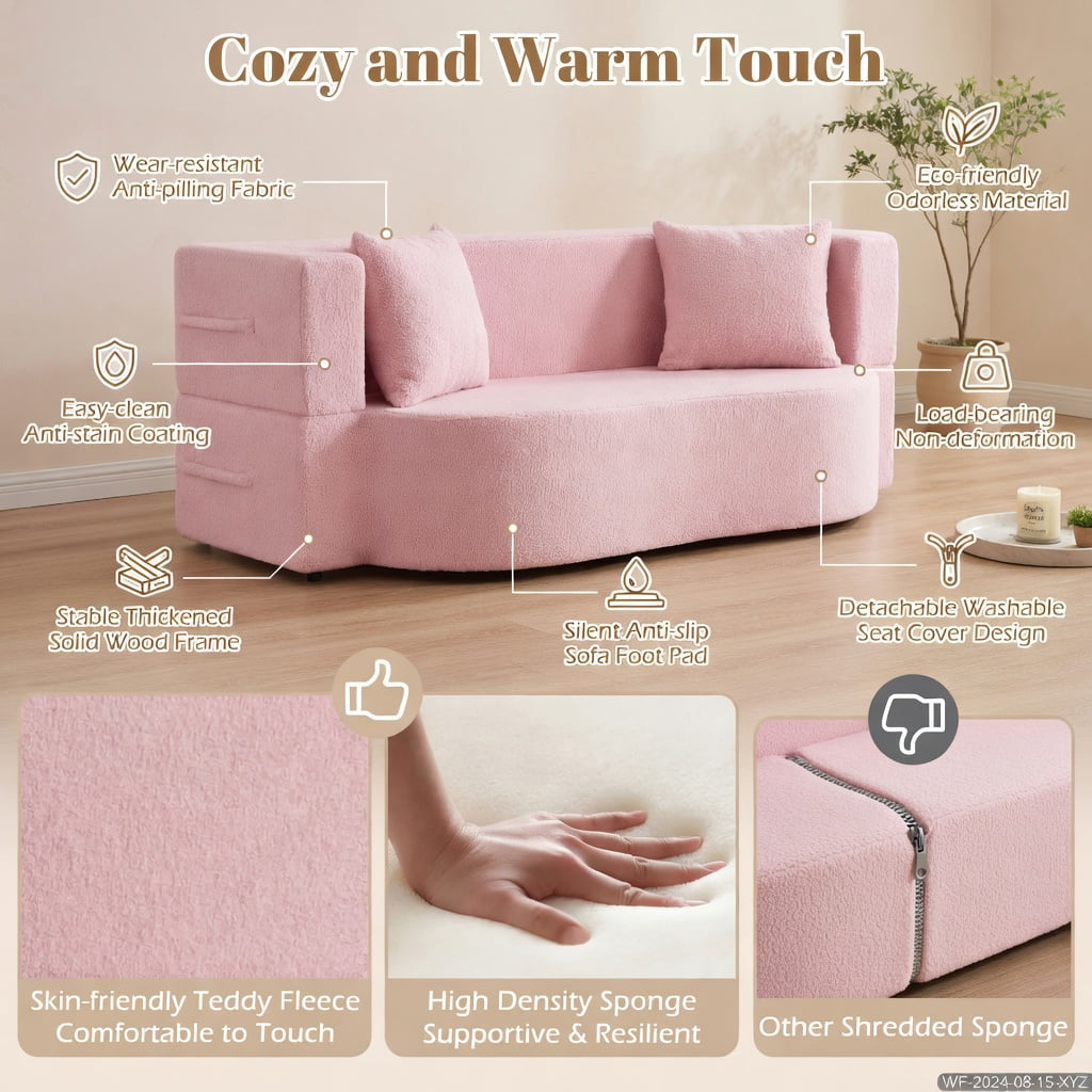 Hommoo 75.5" 2-in-1 Folding Sofa Bed, Plush Teddy Fleece Convertible Loveseat with Removable Washable Covers & 2 Ergonomic Pillows, Pink