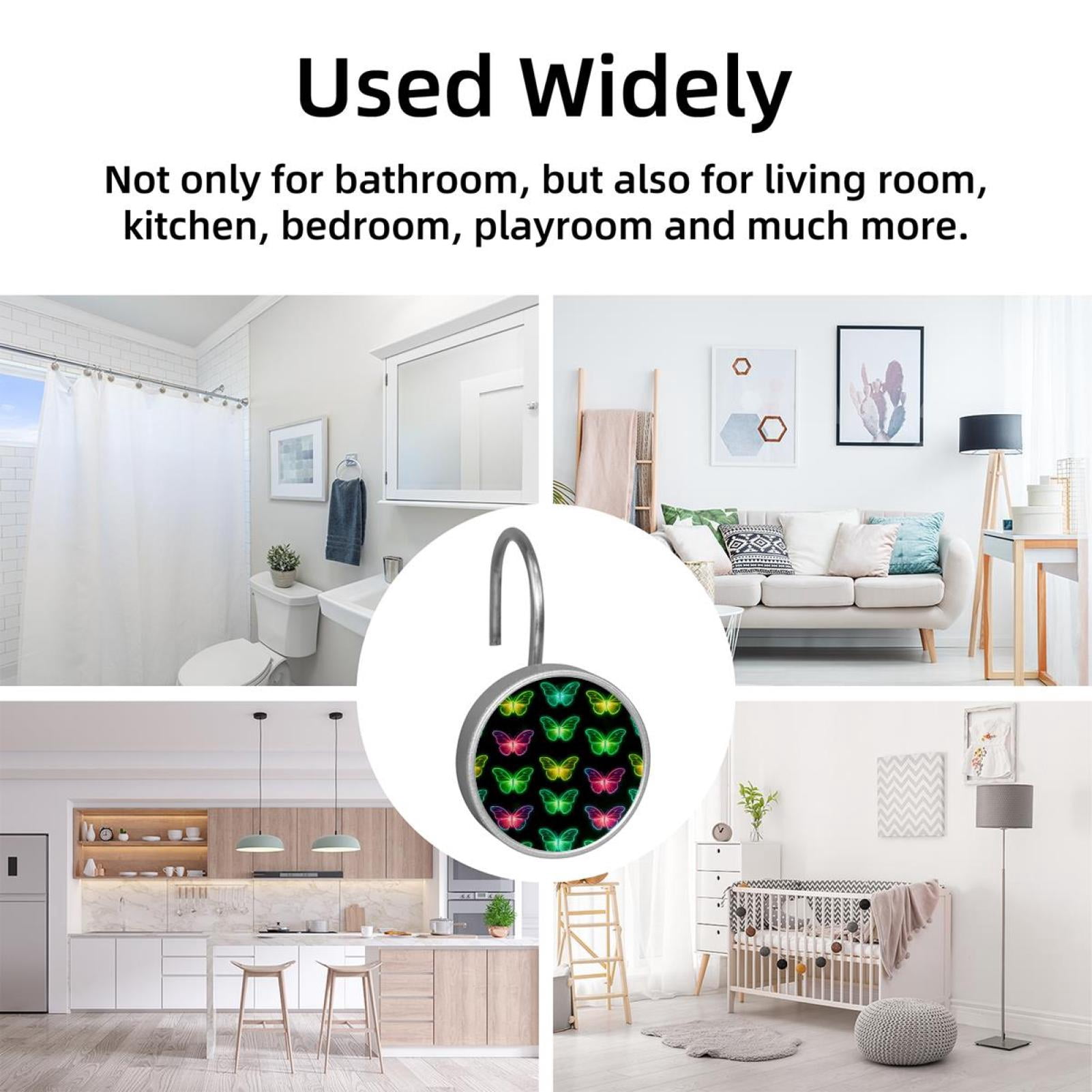 12pcs Decorative Shower Curtain Hooks, Rust Resistant Shower Rings for Bathroom Living Room,Rustproof Stainless Steel Rings for Shower Curtain and Liner Rods,Neon Light Butterflies