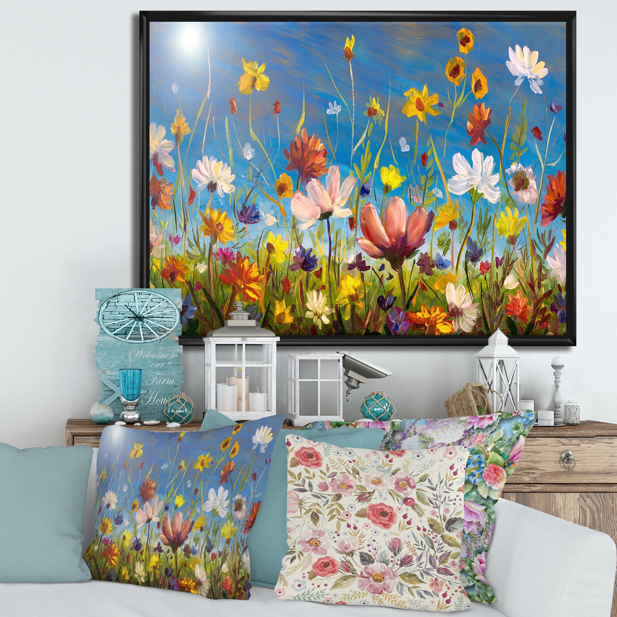 Designart 'Wildflowers and Daisies In Summer Garden Field II' Traditional Framed Canvas Wall Art Print