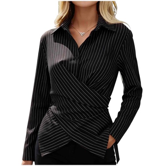 Ohufall Women Shirt Waist Cinched Button Down Turndown Collar Tops Fashion Casual Elegant Striped Top