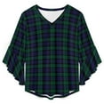 thumbnail image 4 of Blackwatch Tartan Modern Cute Blue And Green Plaid Women's V-Neck Blouse With 3/4 Ruffled Bell Sleeves Casual Top Ladies Blouses, 4 of 7