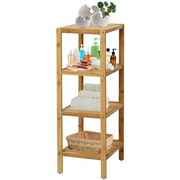 Bamboo Bathroom Shelf Square 4-Tier Storage Shelves Free Standing Rack Multifunctional Corner Shelving Unit for Bedroom Kitchen Living Room, Natural