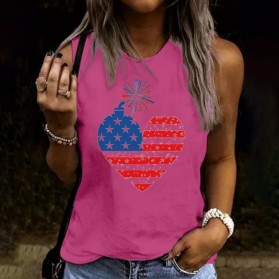 Tank Tops for Women Plus Size Independence Day Sleeveless Round Neck Summer Casual Loose T-Shirt Red XXL