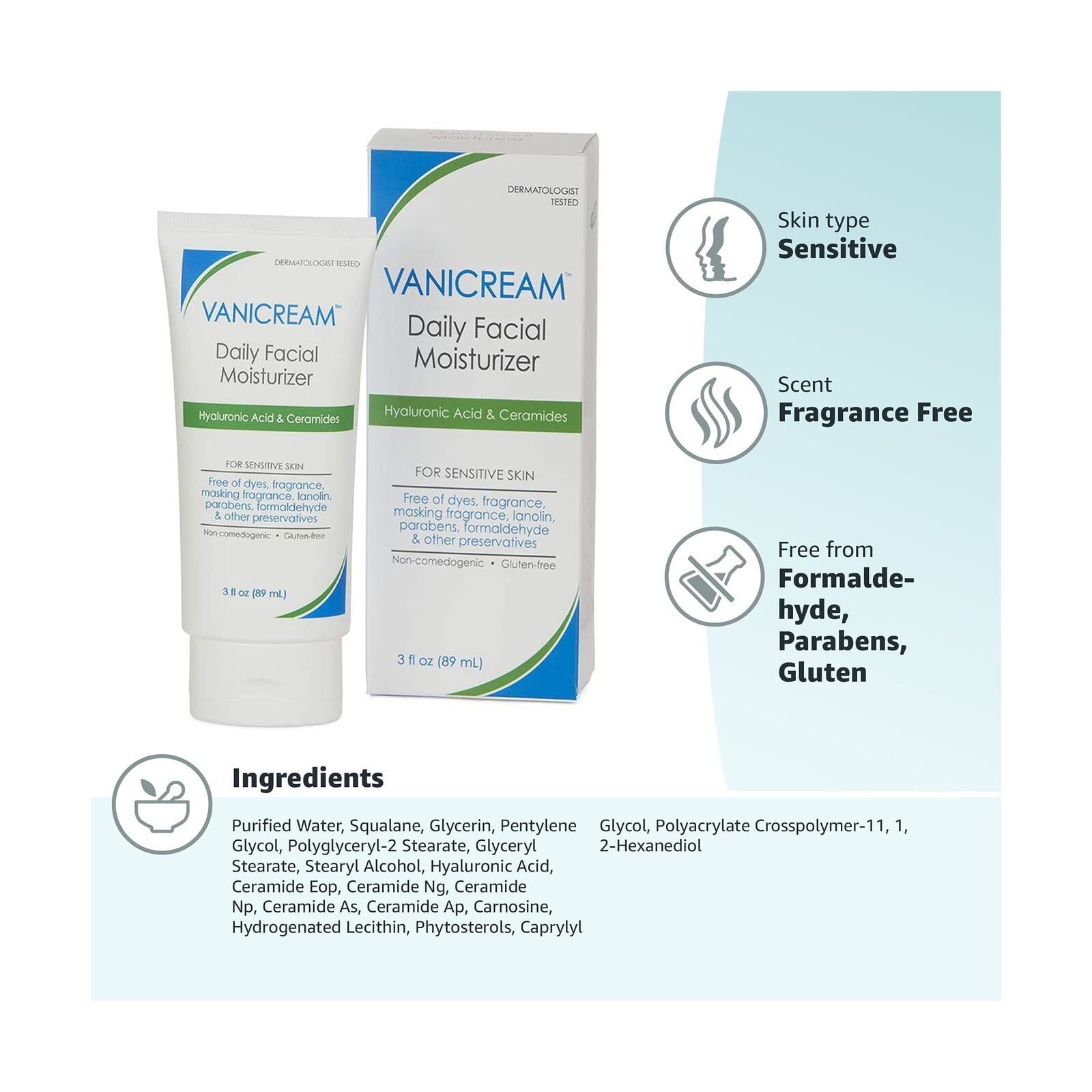 Vanicream Daily Facial Moisturizer For Sensitive Skin, Hyaluronic Acid & Ceramides 89 ml / 3 oz