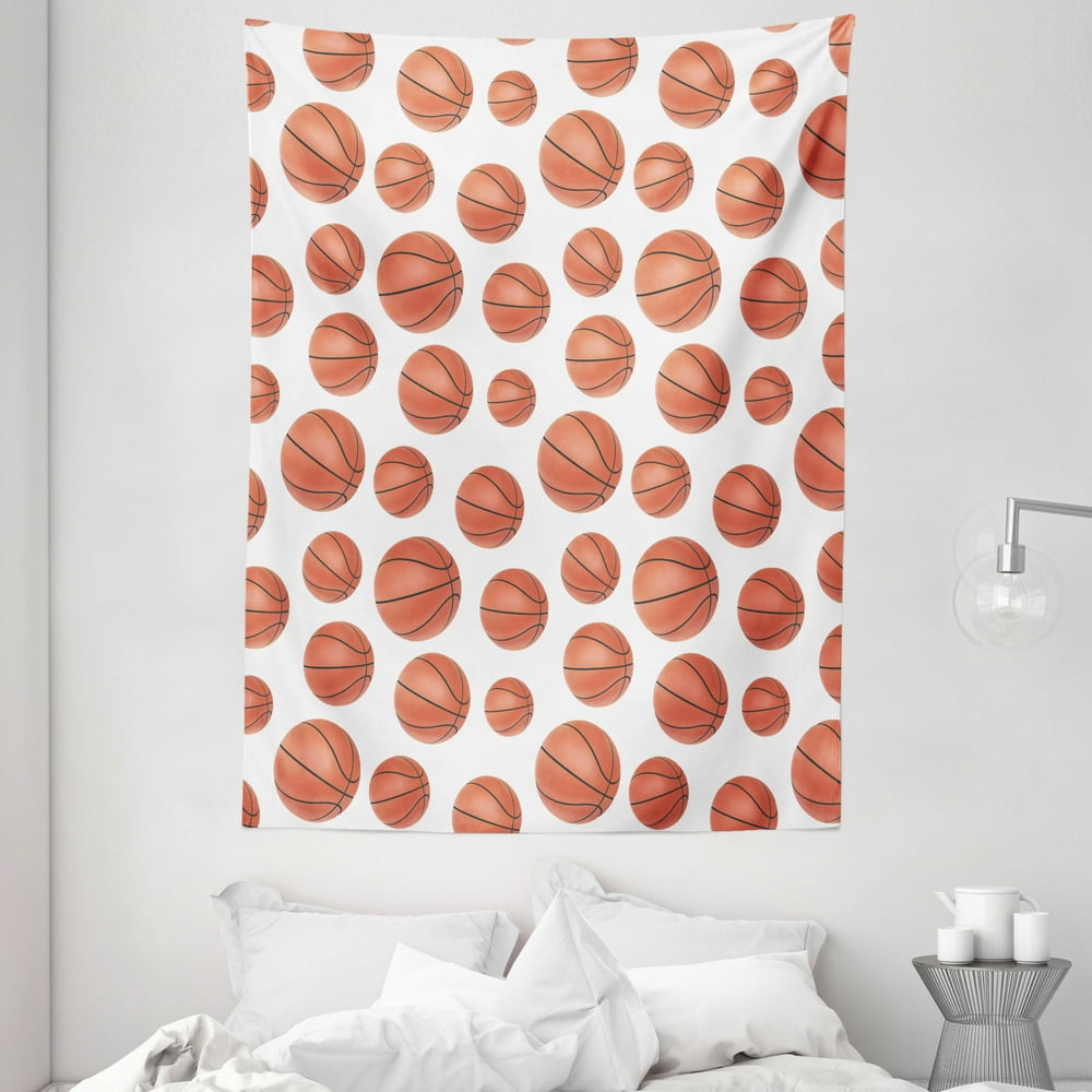 Basketball Tapestry, Realistic Style Balls Pattern on White Classical