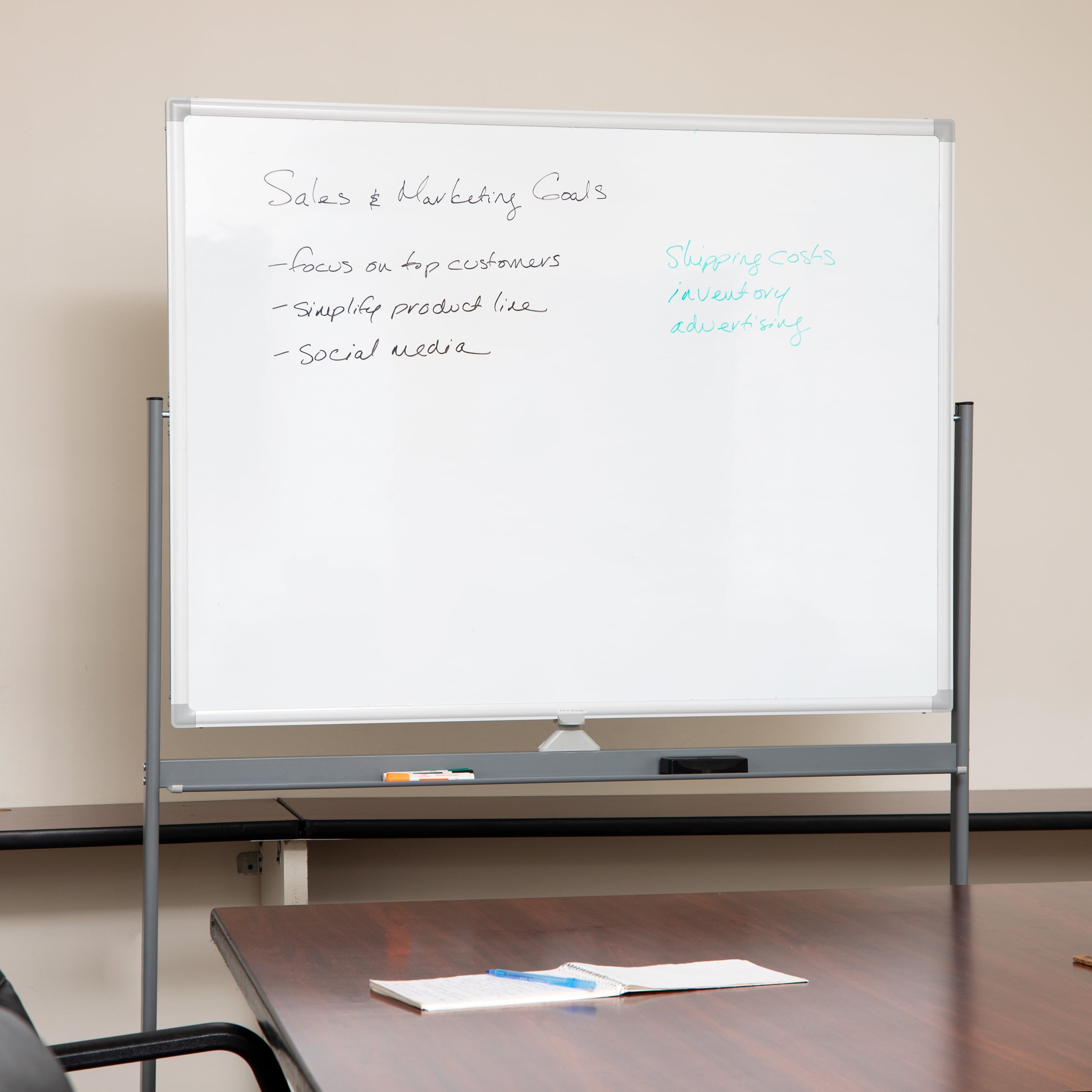 Mind Reader Rolling Double-Sided Dry Erase Magnetic Board, Board Size: 47 x 35.5, White