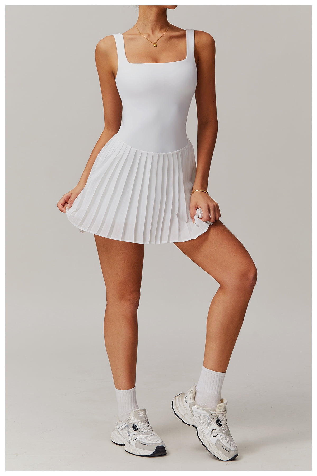 PISONIC Womens Tennis Golf Dress with Built-in Bra Shorts Backless Square Neck Pleated Hem Athletic Dresses with Pockets