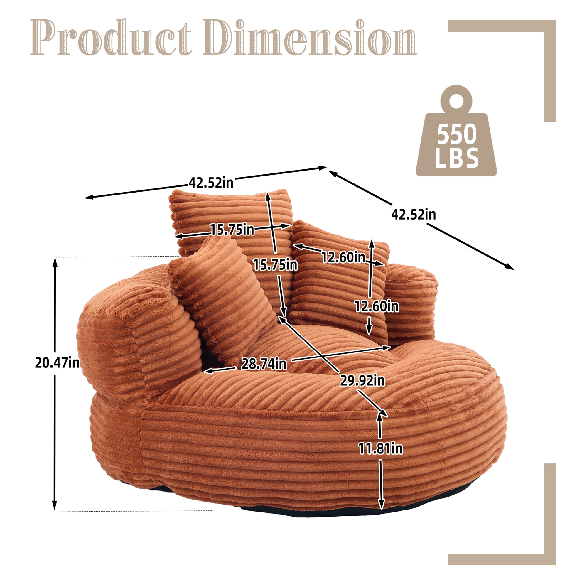 Aukfa 42.5"W Oversized Round Chaise Lounge Chair Indoor, Corduroy Floor Sofa with 3 Pillows, 550 lbs, Orange
