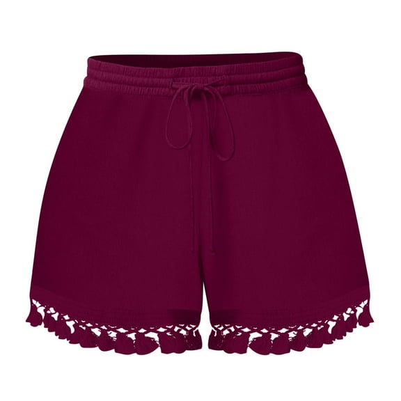 Blmnix 2024 Womens Shorts Loose Red Solid Cotton Plus Size Fringe High Board Elastic Shorts for Women