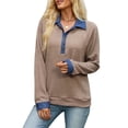 thumbnail image 2 of Women's Denim Contrast Collar Raglan Loose Long Sleeve Quarter Button Knit Top Brown S, 2 of 10