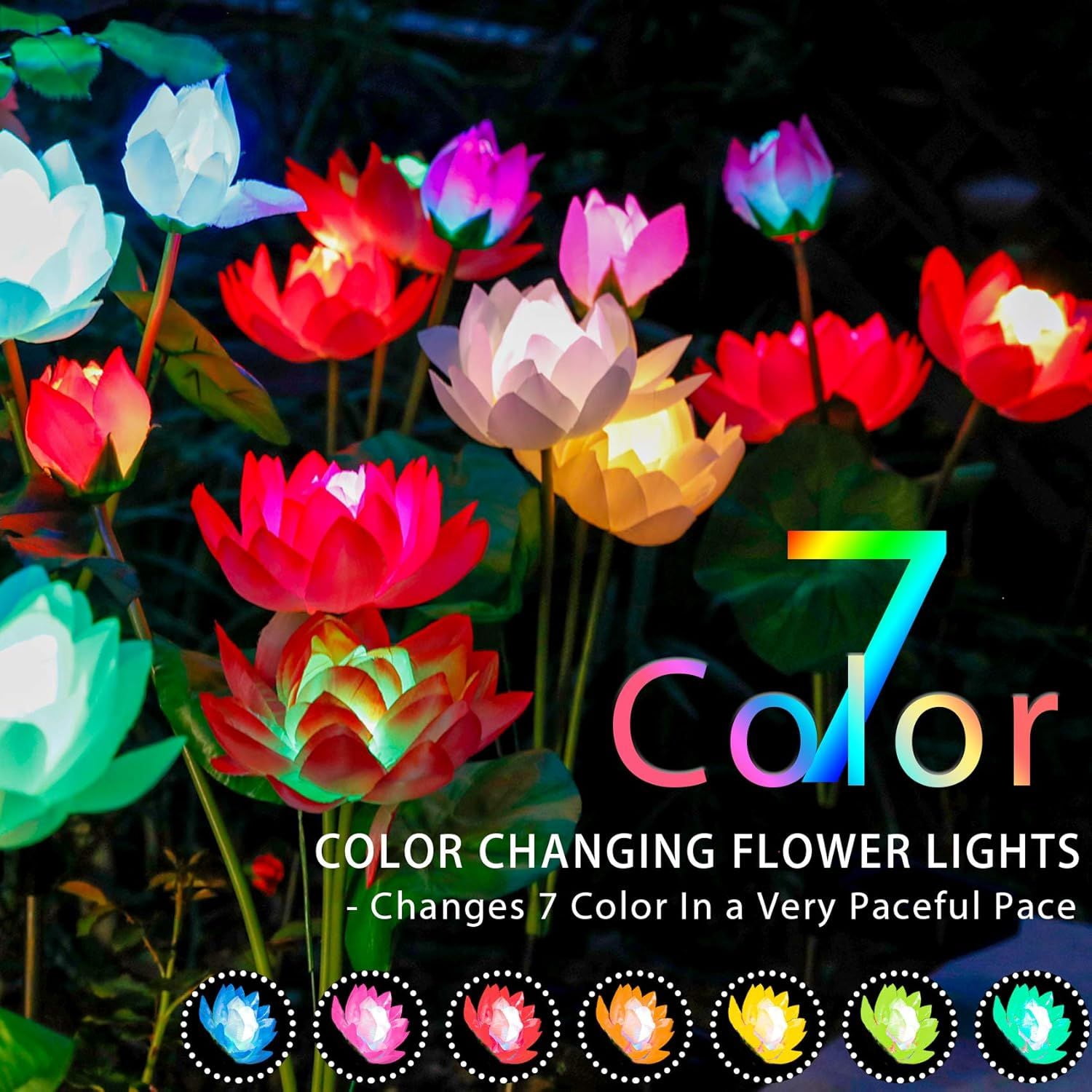 Solar Garden Lights, Lotus Flower Lights, Outdoor Light for Garden, Patio, Yard Decoration, 7 Color Changing Decorative Light, Larger Solar Panel (4 Pack)