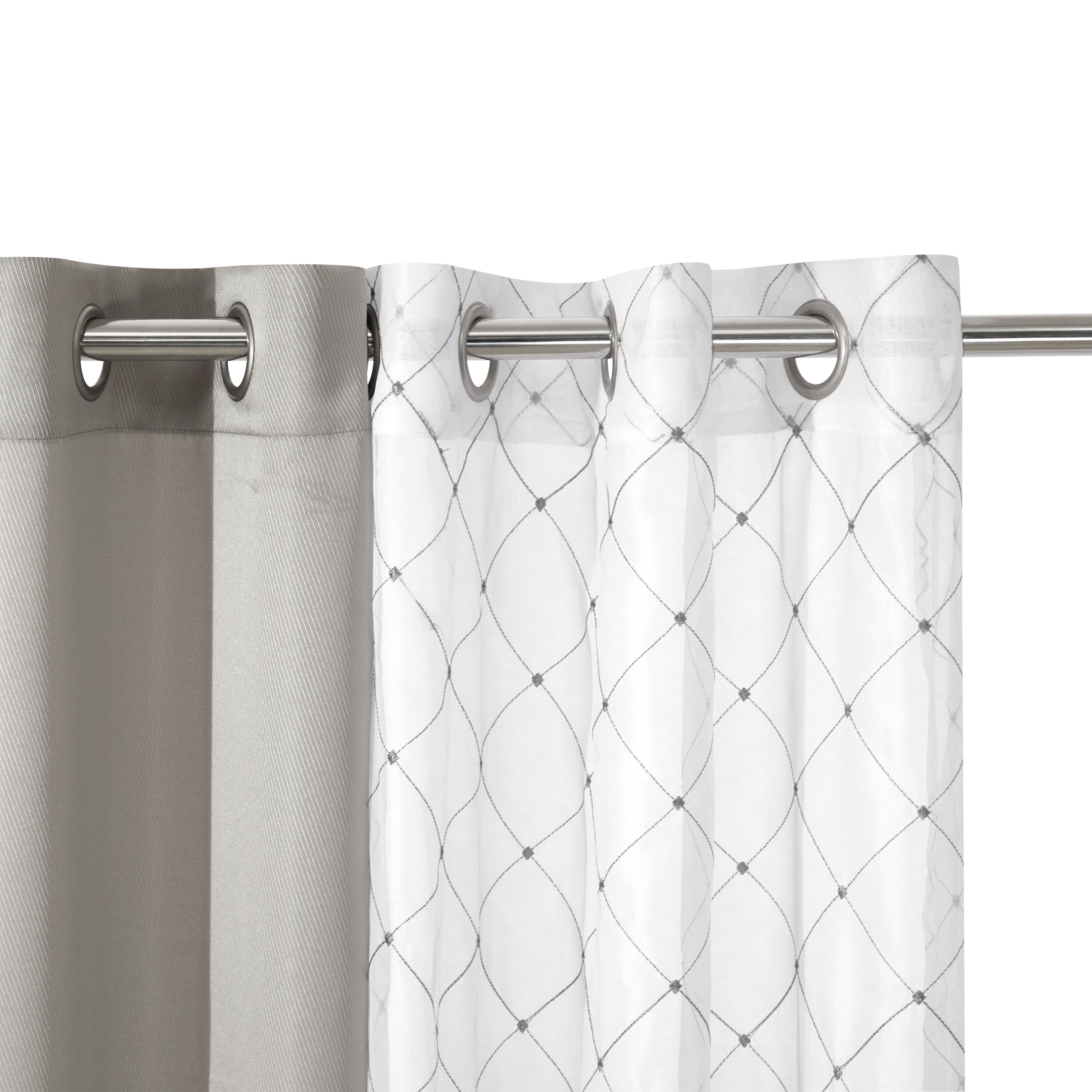 Better Homes & Gardens Silver Embroidered Lattice Sheer & Twill Weave 4 Piece Curtain Set, 63"