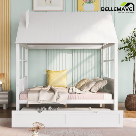 Bellemave White Full Size Wood House Bed With Twin Size Trundle for Kids Child Teen, Full Size House-shaped Daybed Sofa Bed with Trundle for Bedroom Living Room