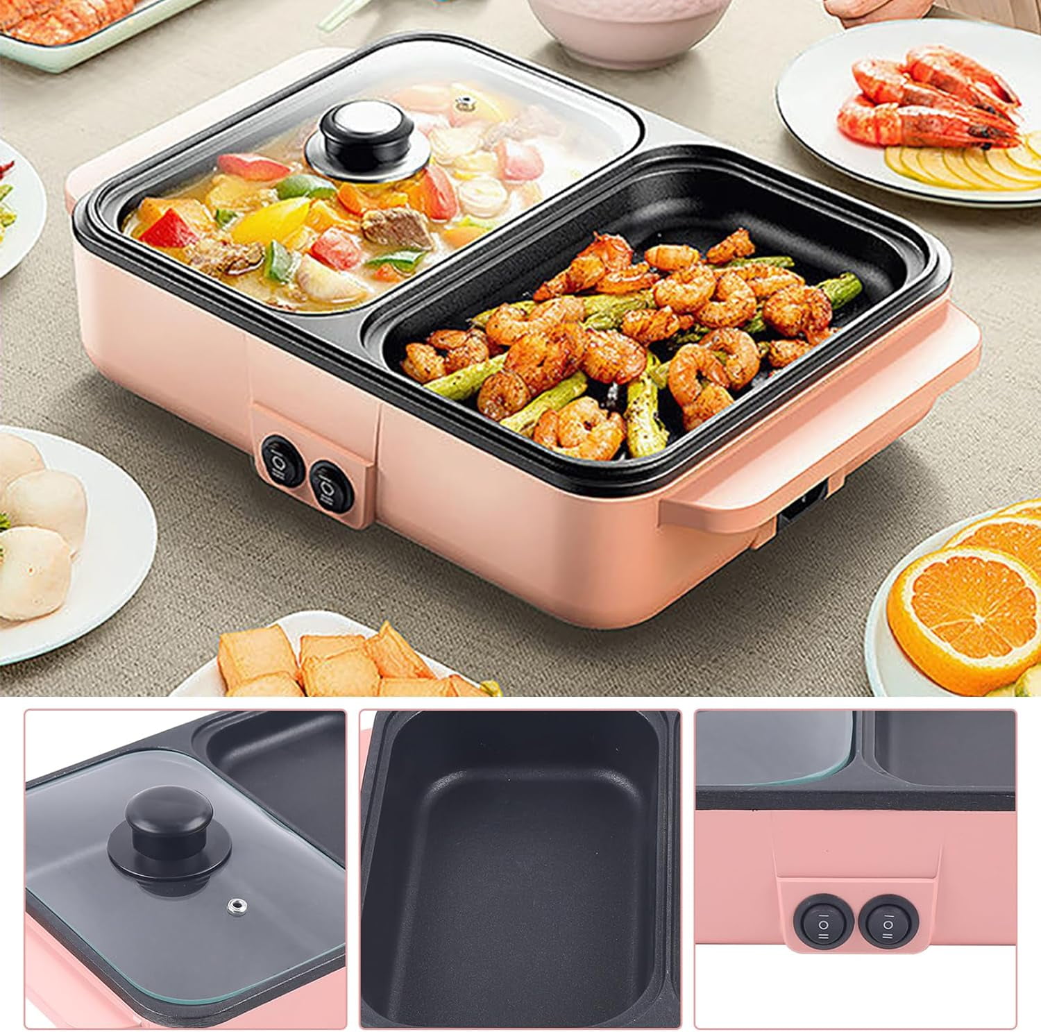LASIEYO Electric Hot Pot with Grill 2 in 1 Korean BBQ Grill and Pot with Independent Dual Temperature Settings