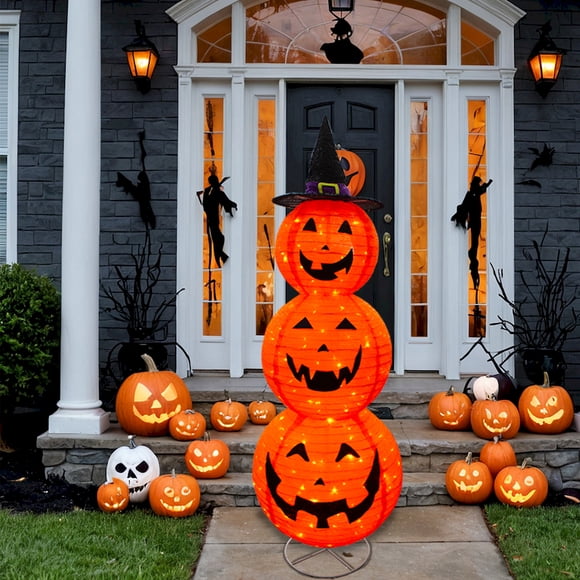 Muñeco Calabaza de Tela con Luces LED y sombrero de Bruja de 3 Niveles