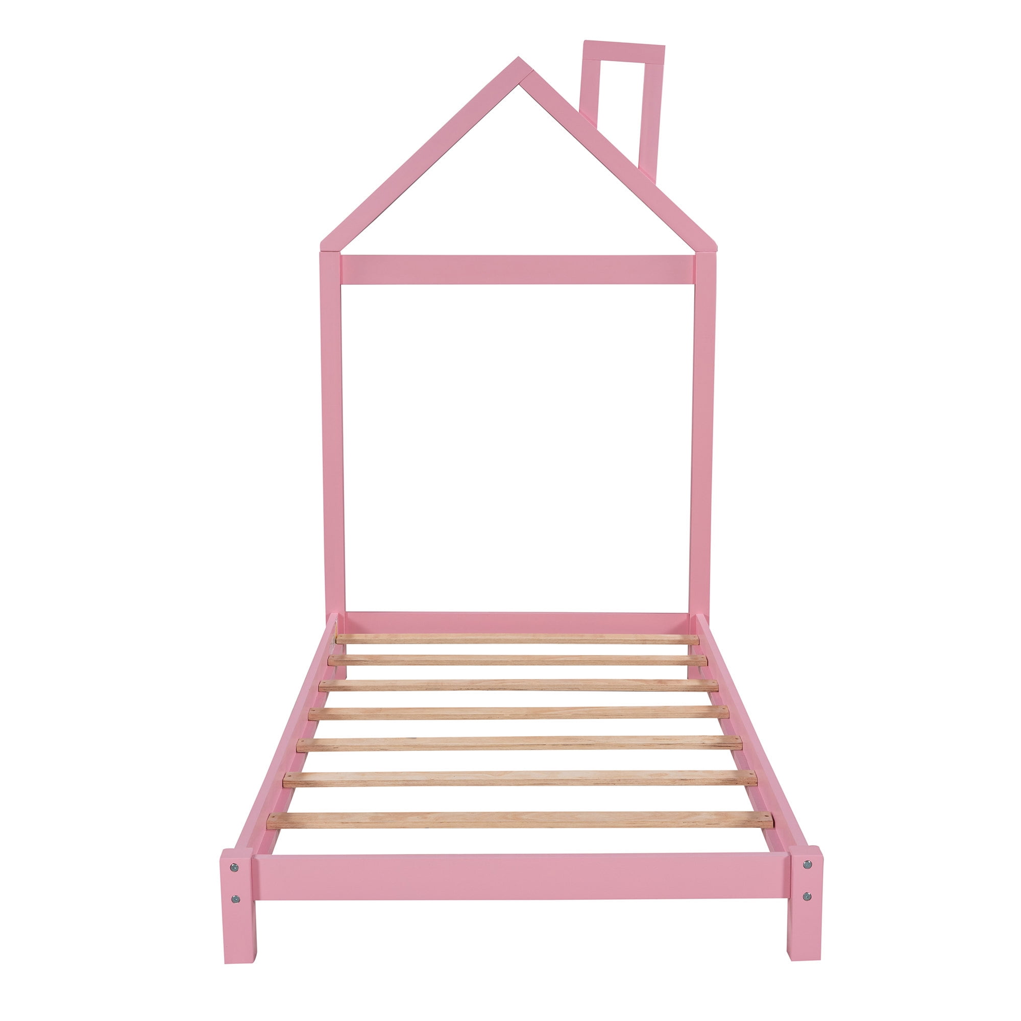 Bellemave Twin Size Kids Bed Frame with House-Shaped Headboard, Solid Wood Toddler Platform Bed with Slats for Girls Boys, No Box Spring Needed (Pink)