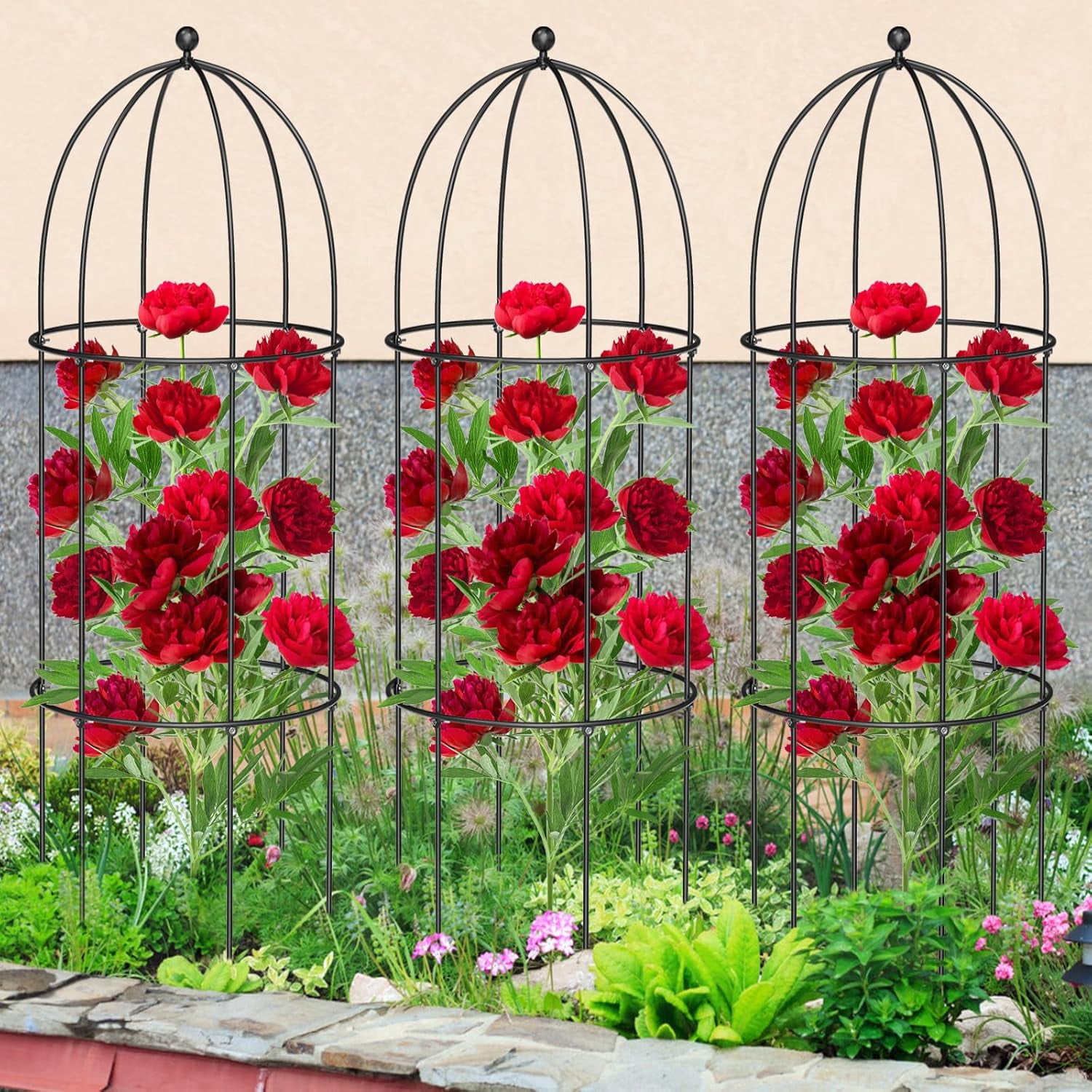 FICISOG 3 Pack Metal Plant Cage Support, 47" H Peony Support Tomato Cage Garden Obelisk Trellis Supports Tower Obelisk Garden Trellis for Clematis Vine Jasmine Outdoor Indoor
