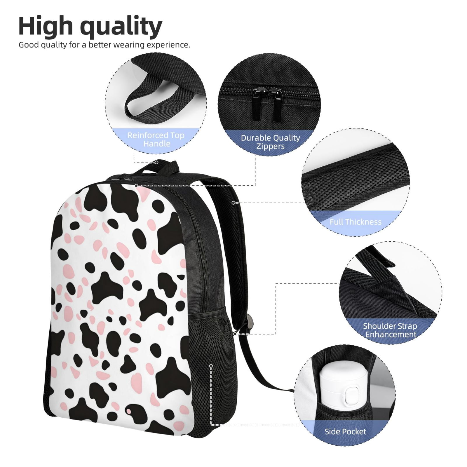 Single Side Full Backpack 16.1×11.8×4.5in Large Capacity Breathable Shoulder Belt Leisure Simple And Strong Bearing Capacity Simple Cow Print Pattern White Background, Pink And White_1