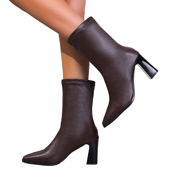 Vibrex Mid Calf Boots for Women Pointed Toe Short Boots Zipper Mid Heel Booties Fashion Comfortable Dressy Shoes Leather Fall Winter Short Booties