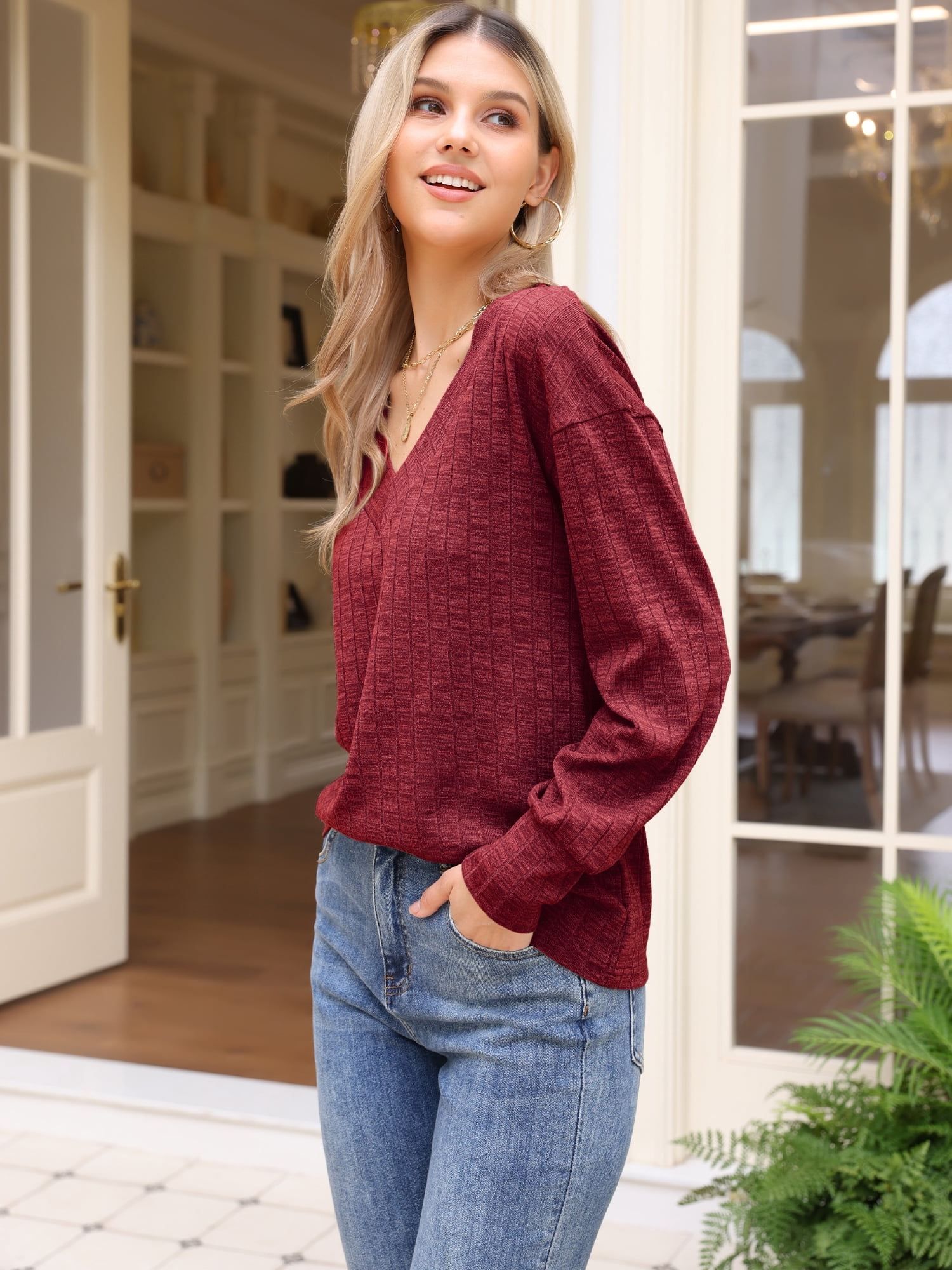 DARING DIVA Women's V Neck Long Sleeve Casual Knit Tunic Sweater XL Dark Red