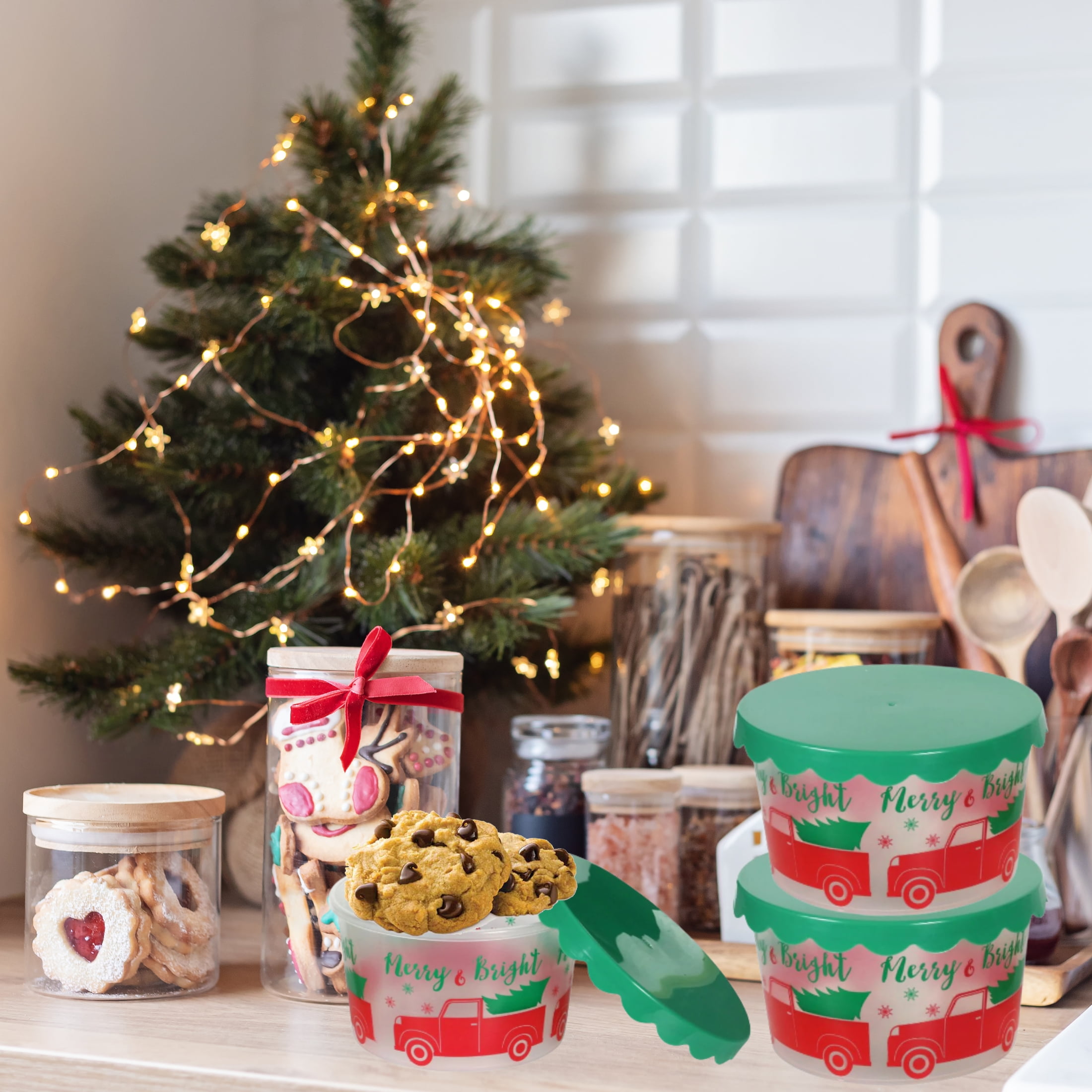 Christmas Round Plastic Cookie Containers with Lids Set of 2, Reusable  Storage Buckets for Candy Treat Goodies Favors Snacks, Gift Giving Party