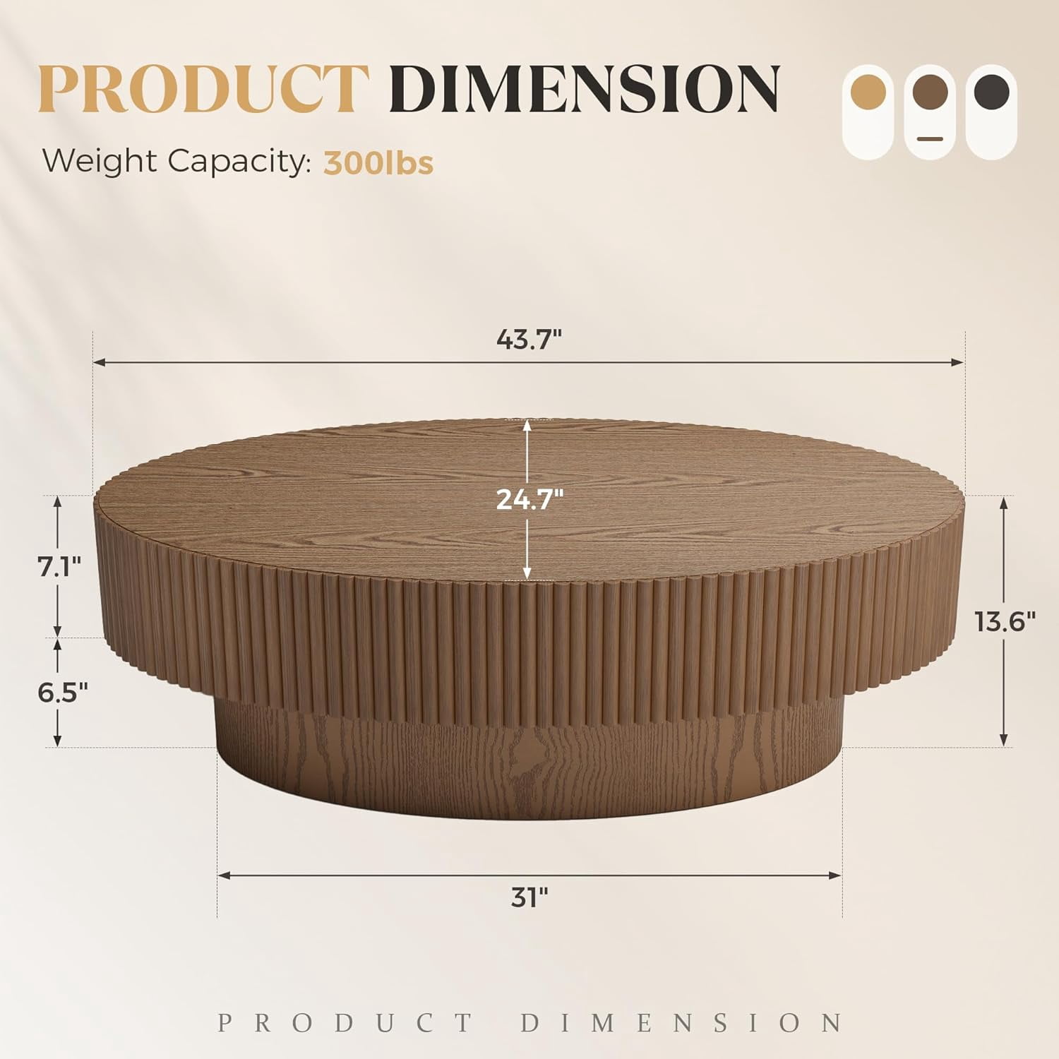 Gelloan 43.7" Olive Shape Wood Coffee Table, Modern Fluted Coffee Table for Living Room, Veneer Handcrafted Relief Tea Table with Sturdy Pedestal,Brown