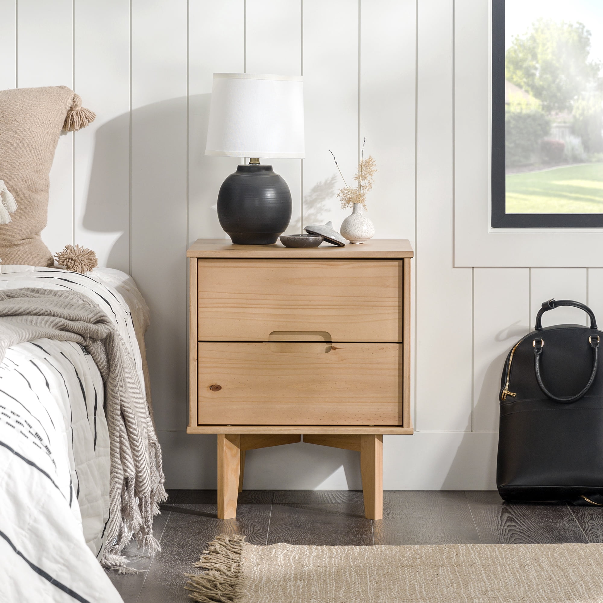 Walker Edison 22” Mid-Century Modern Groove Handle Solid Wood Nightstand, Natural Pine