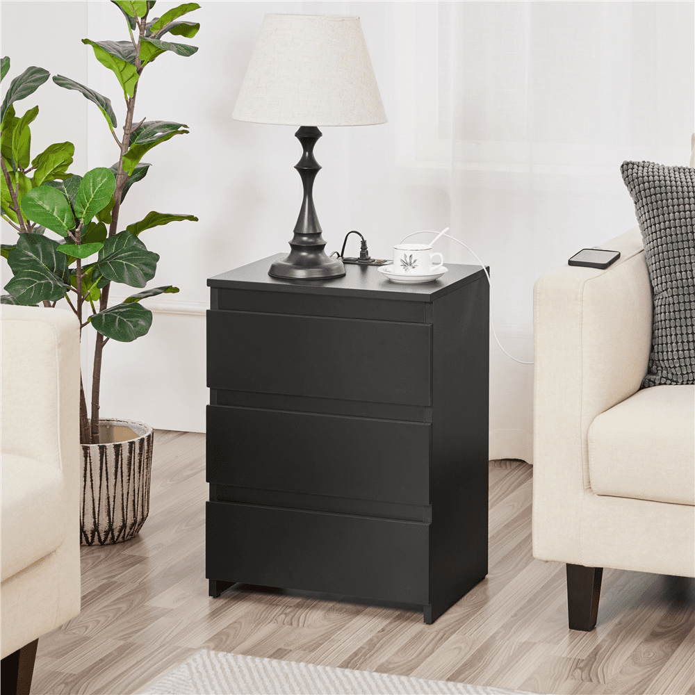 Renwick Minimalistic 3-Drawer Nightstand with Charging Station for Bedroom, Adults, Black