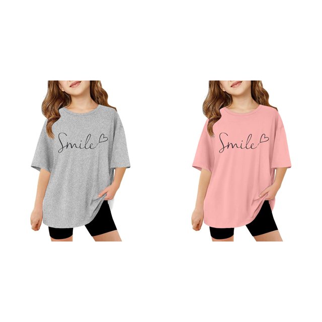 (2-Pack) Rinsvye Kids Short Sleeve Letter Design T Shirt Comfortable Tops And Girls Everyday Wear Durable Lightweight Apparel