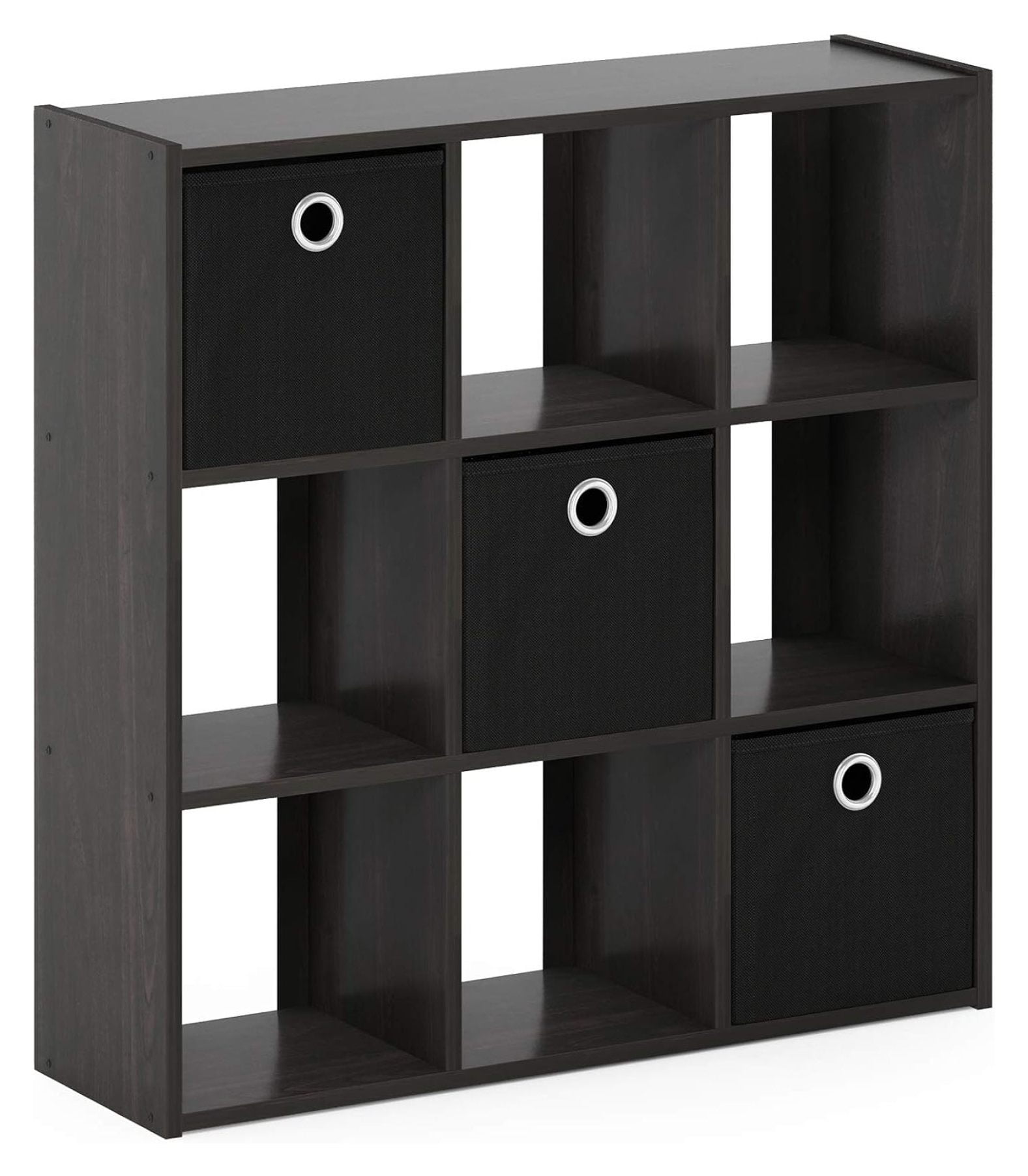 SONGMY Simplistic 9-Cube Organizer with Bins, Small Size (Assembled unit dimensions : 7.9"D x 26.5"W x 26.7"H inches), Espresso/Black