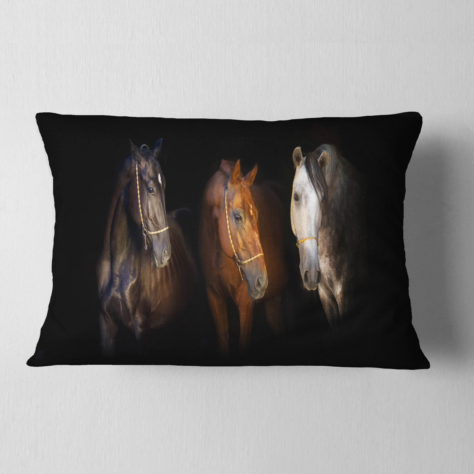 Designart Three Horses with Golden Bridle - Animal Throw Pillow - 12x20