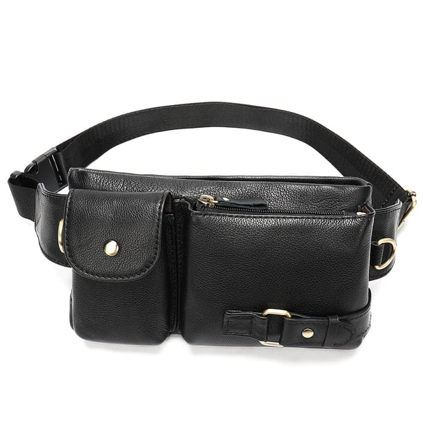 Riñonera de cintura de piel de vaca-cuero genuino y delgado con cintura ajustable negro, riñonera para teléfono móvil, bandolera para hombre