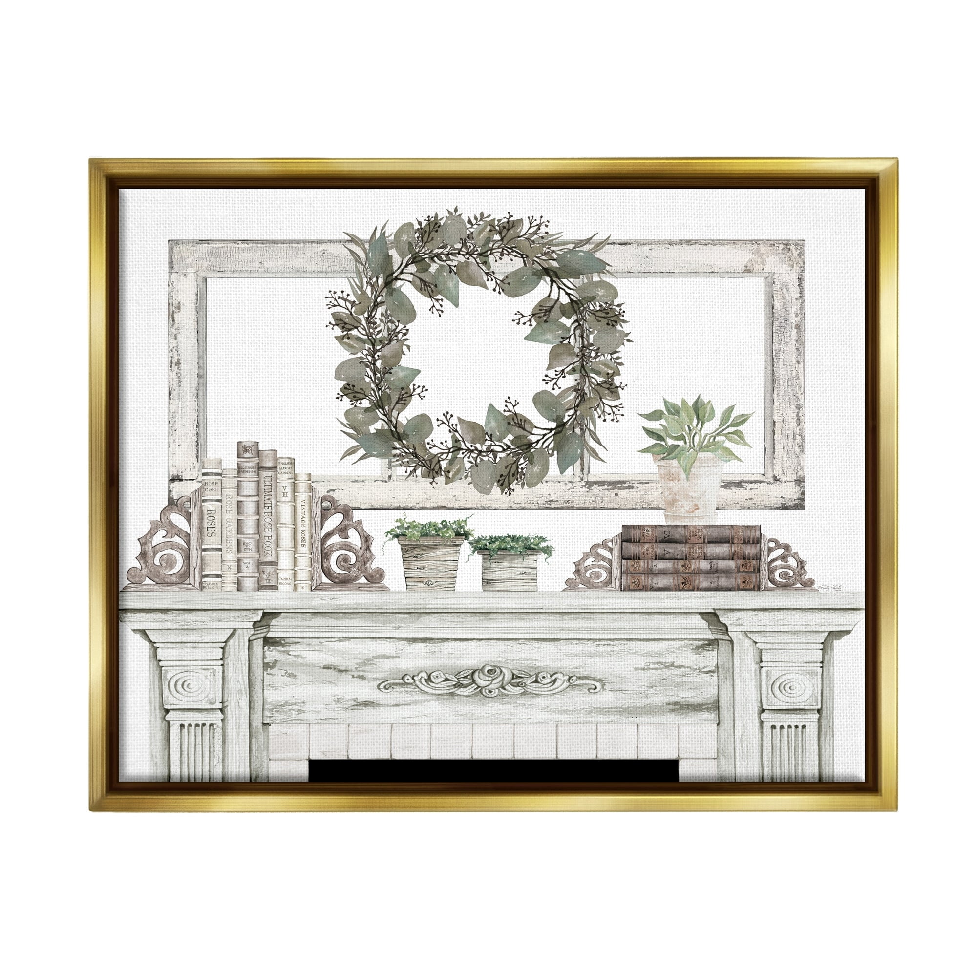 Stupell Industries Festive Wreath Cozy Fireplace Mantel Rustic Design Graphic Art Metallic Gold Floating Framed Canvas Print Wall Art, Design by Cindy Jacobs