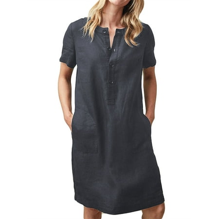 - Women's Crew Neck Short Sleeve Solid Cotton Linen Casual Dresses