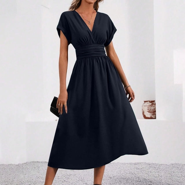 Liquidation d'Été 2025! Robe Grande Taille pour Femmes, Liquidation de Robe d'Été pour Femmes, Mode Robe Décontractée à Col Rond Couleur Unie avec Poches et Manches Courtes Longueur Genou Mini Jupe