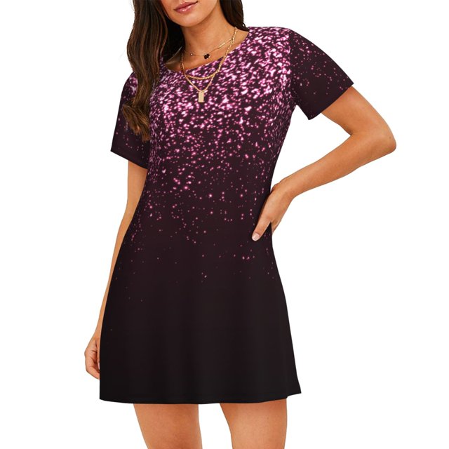 Disketp Pink Glitter Sparkles A para Camisón Corto de Manga Corta para Mujeres, Camisón Cómodo con Escote Redondo, Bonito y Confortable