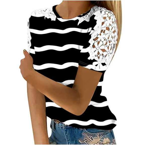 Zpanxa Blouses for Women Print Short Sleeve Round Neck Pullover Lace Shirts Blouse Black L