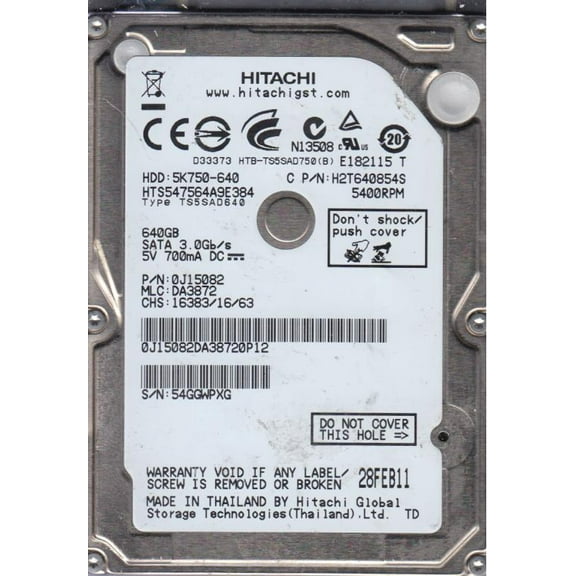 HTS547564A9E384, PN 0J15082, MLC DA3872, Hitachi 640GB SATA 2.5 Hard Drive