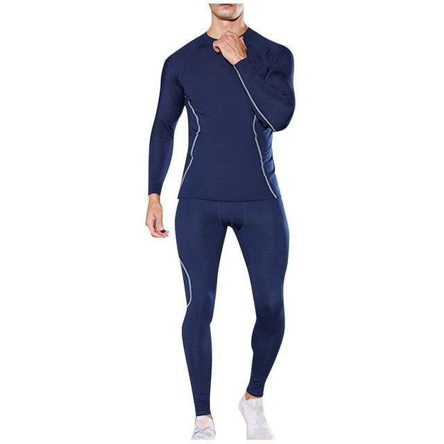 Men's Workout Set, Thermal Compression Base Layer Suit with Fleece Lining for Running and Winter Fitness Training