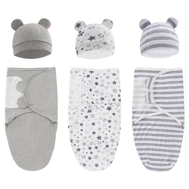 100% Organic Cotton Baby Swaddle Blanket Swaddle Wrap Hat Set for Infant Adjustable Newborn Swaddle Baby Swaddle for 0-3 MonthStarHeight 80cm 50x73cm He Qiyong unisex