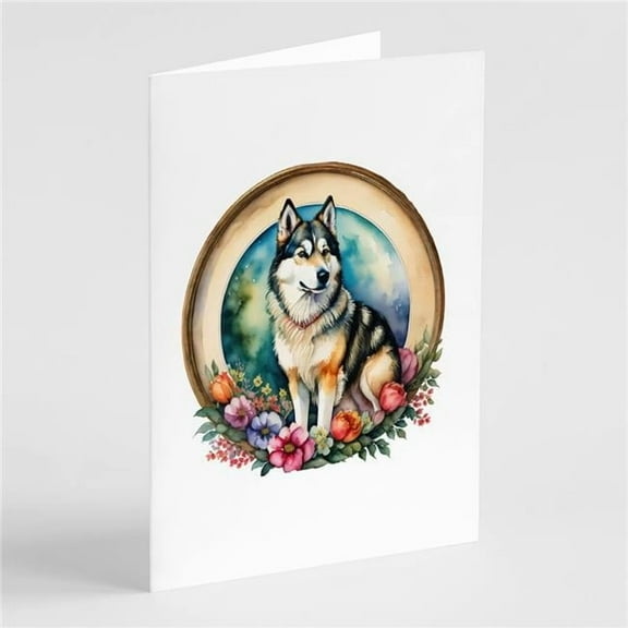Alaskan Malamute and Flowers Greeting Cards and Envelopes Pack of 8 7 in x 5 in